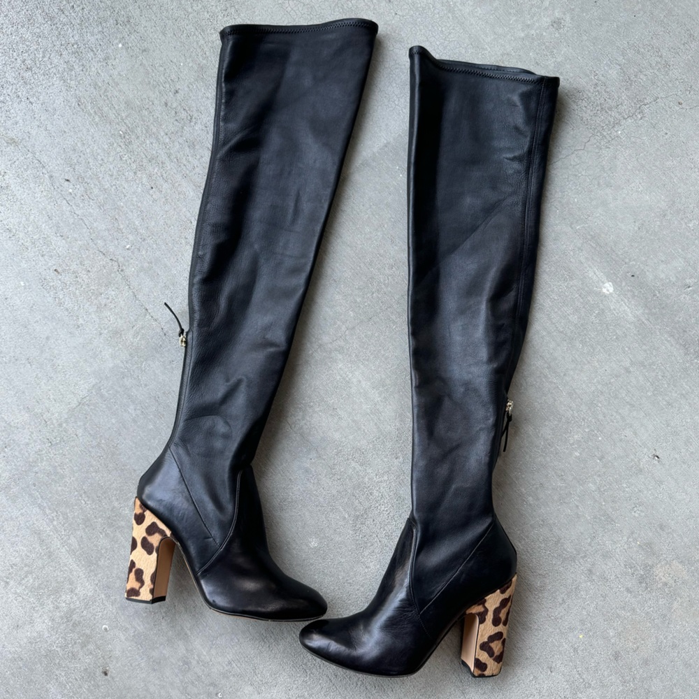 Stylish Black Over the Knee Boots with Leopard Print Heel